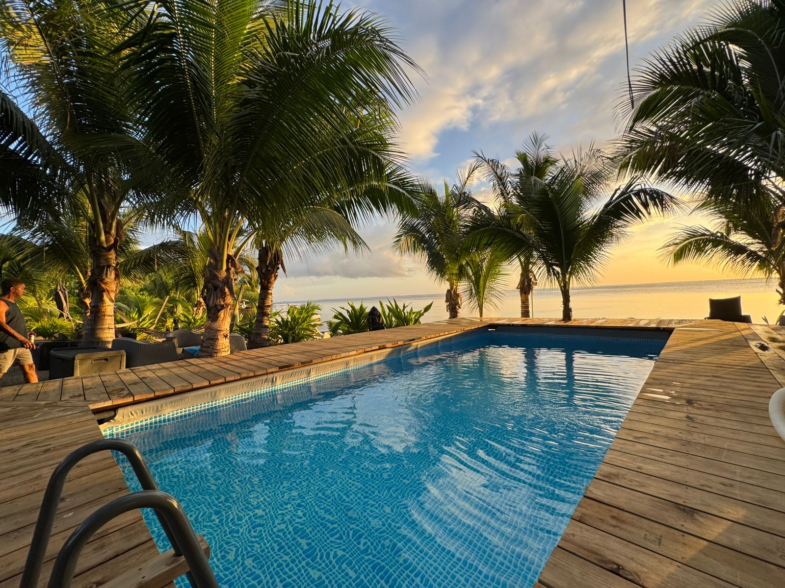 Terrasse de piscine face à l'océan, bordée de palmiers