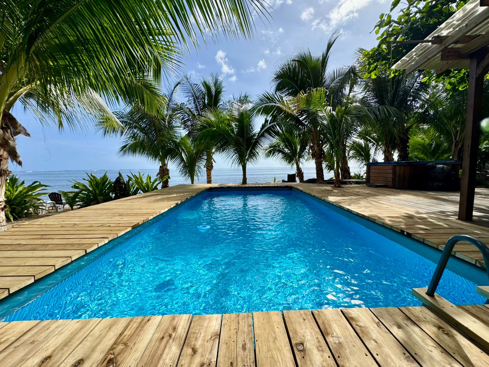 Piscine sur la terrasse à Haapiti, palmiers et lagon au-delà