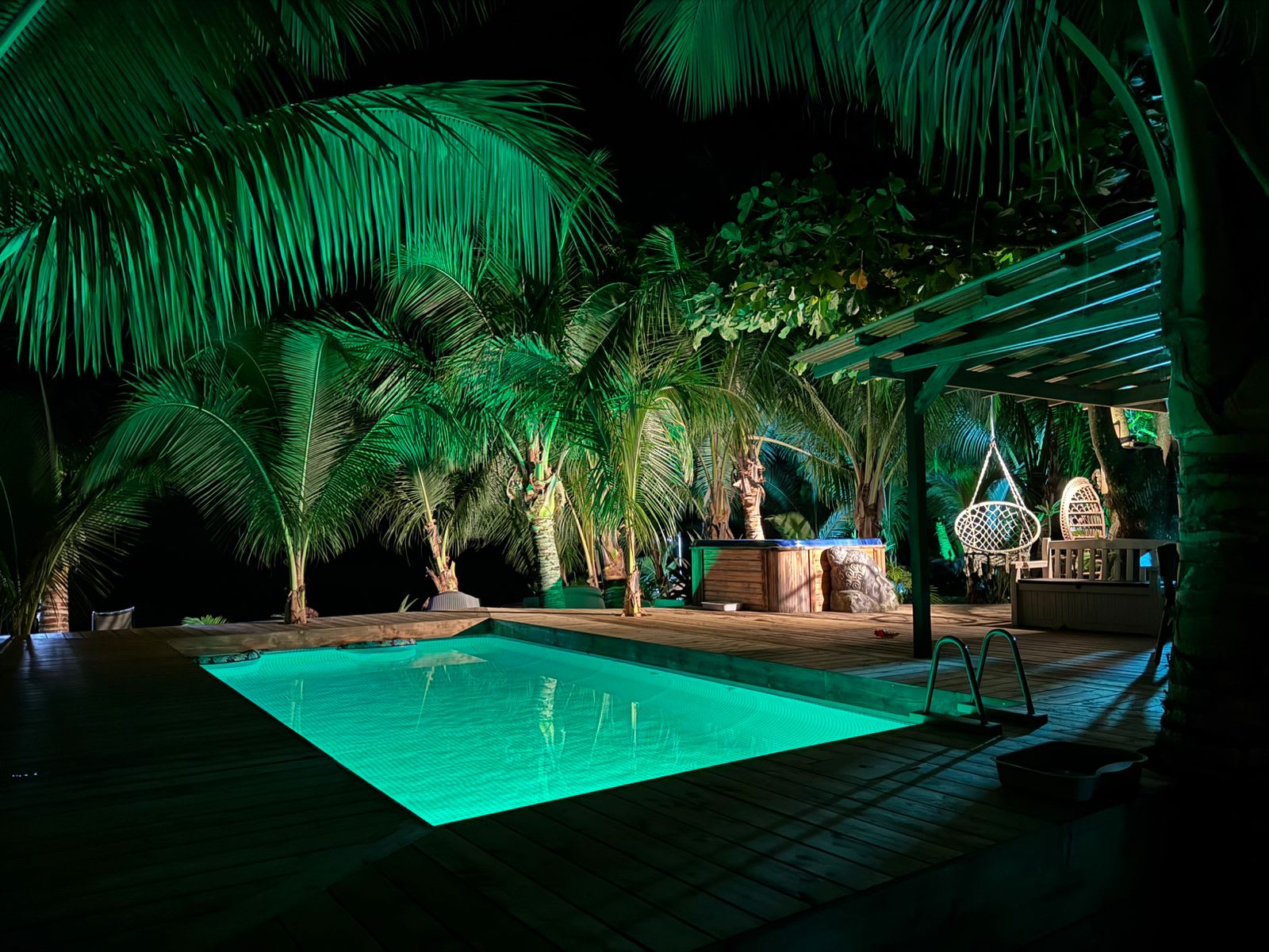 Piscine tropicale la nuit, verdure et éclairage d'ambiance